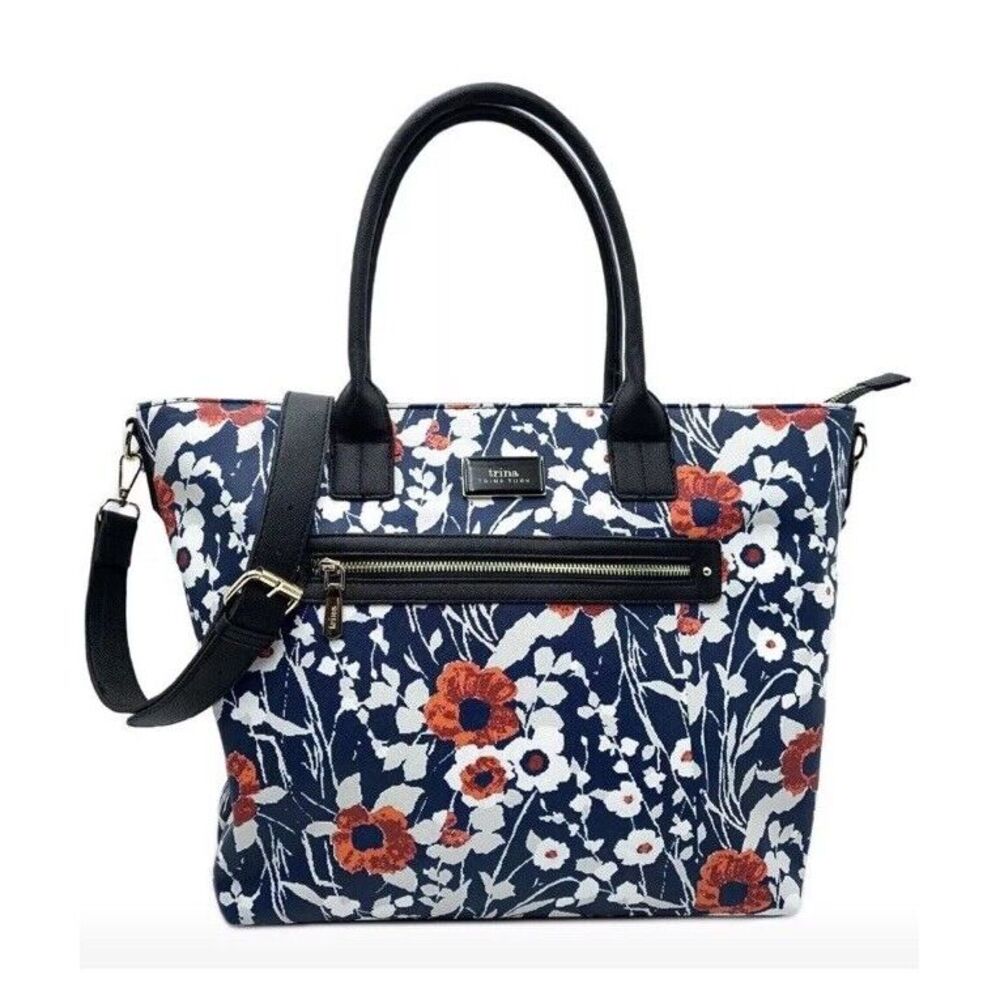 Trina Turk Blue White Floral Weekender Tote Bag Crossbody‎ Strap + Pendant NWT